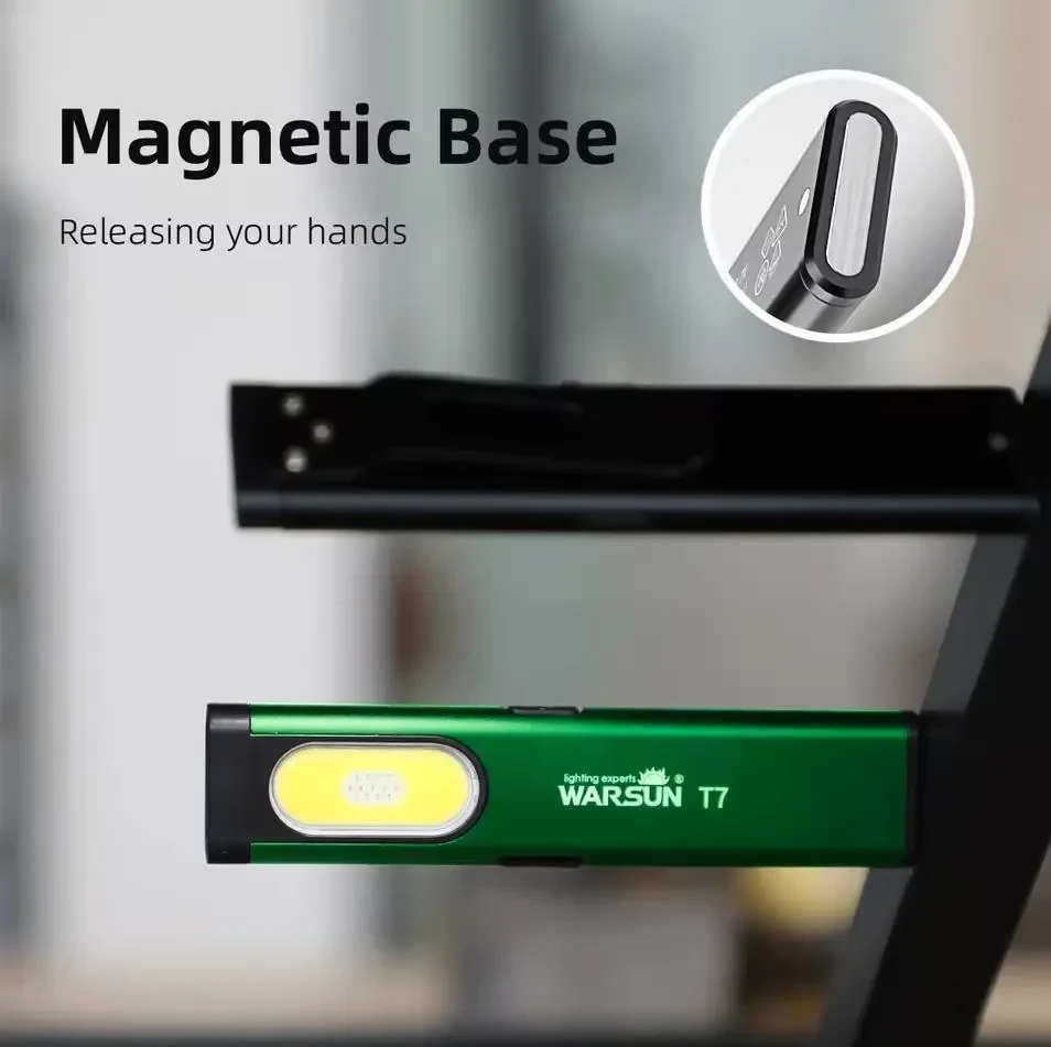 Акумуляторний Міні Ліхтарик Warsun T7 PRO LED в ультратонкому металевому корпусі з USB-C, Магнітом і Потужністю 600Lm, Зелений