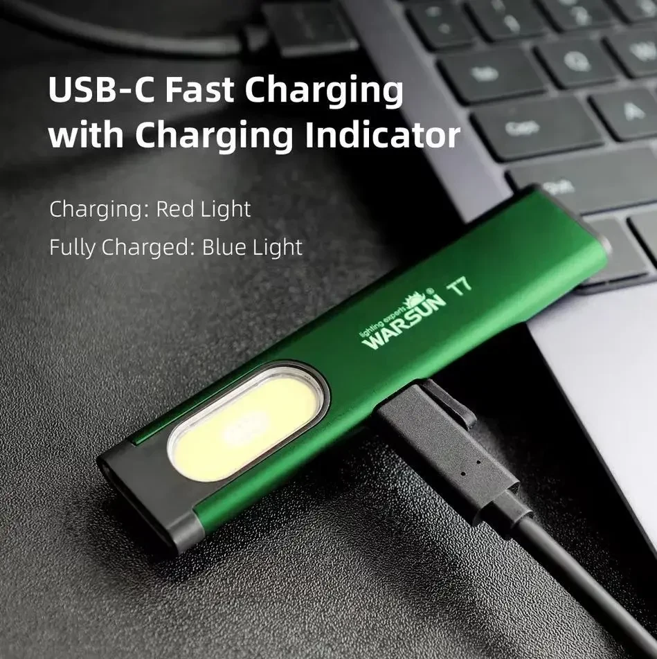 Акумуляторний Міні Ліхтарик Warsun T7 PRO LED в ультратонкому металевому корпусі з USB-C, Магнітом і Потужністю 600Lm, Зелений