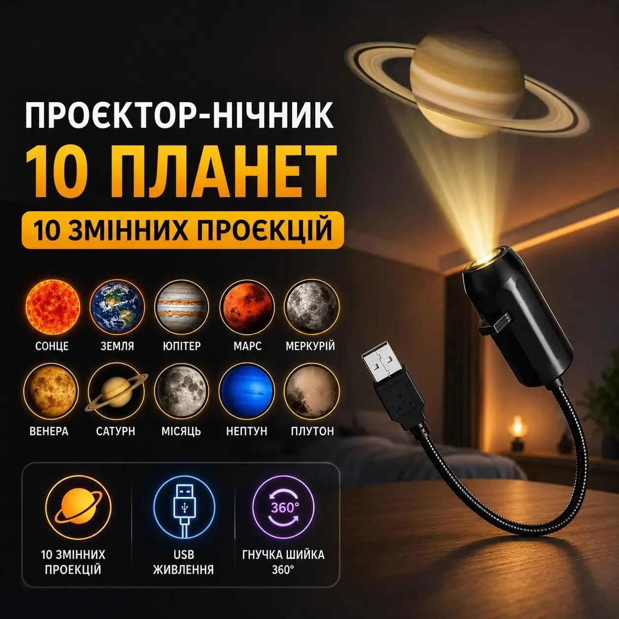LED нічник-проектор планет USB 10 проекцій 360° | Проектор планет для кімнати, спальні та авто