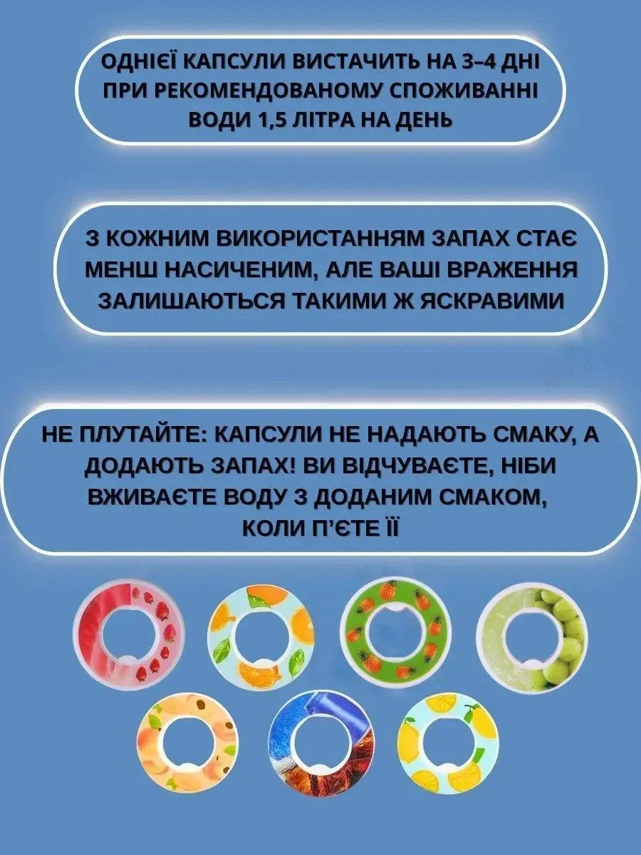 Спортивна пляшка 1000 мл, яка змінює смак води, 7 капсул-смаків в комплекті, Синьо-фіолетова