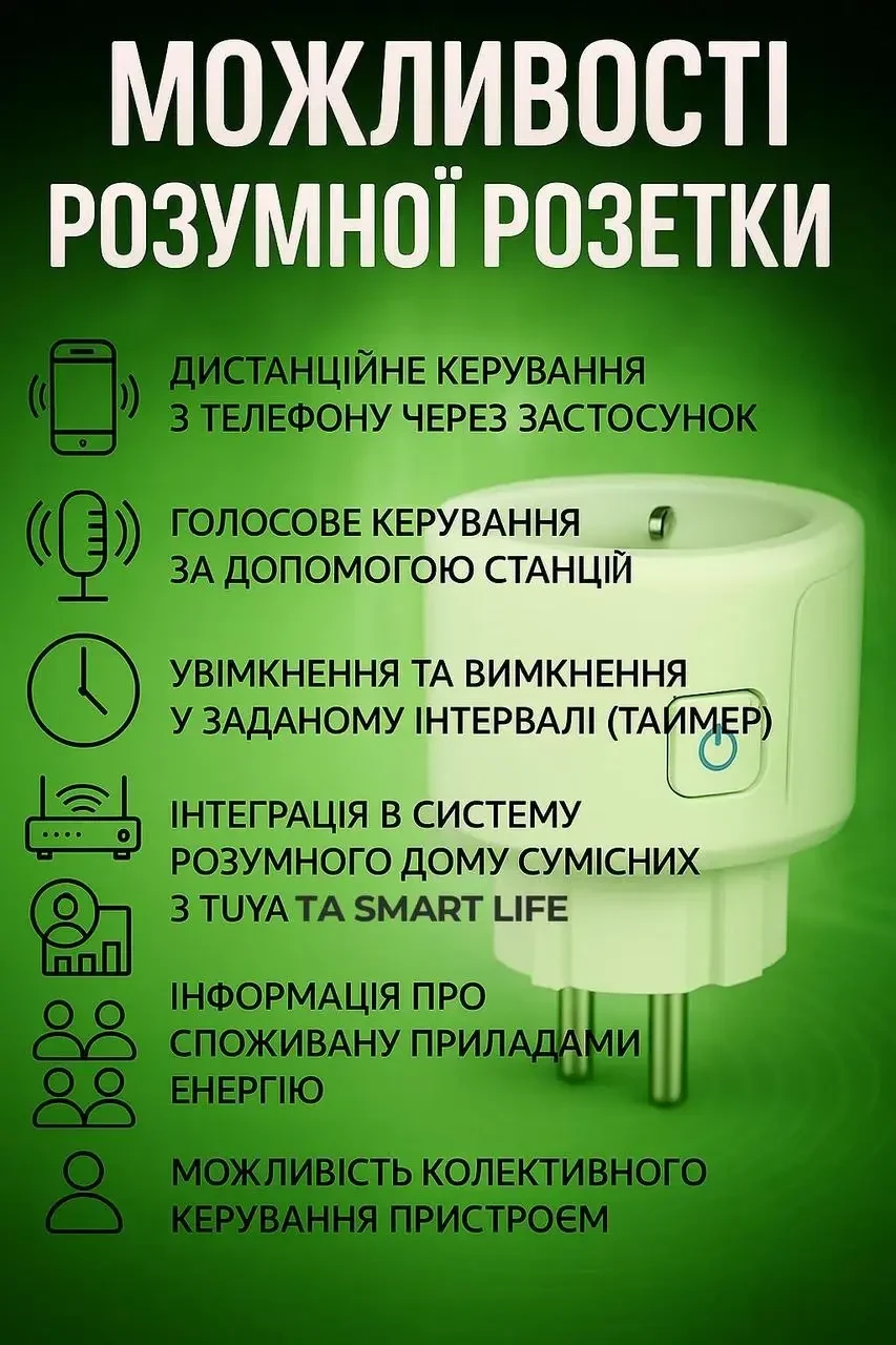 Розумна Wi-Fi-розетка 20А 4500Вт Smart Tuya з таймером Біла з чорною вставкою