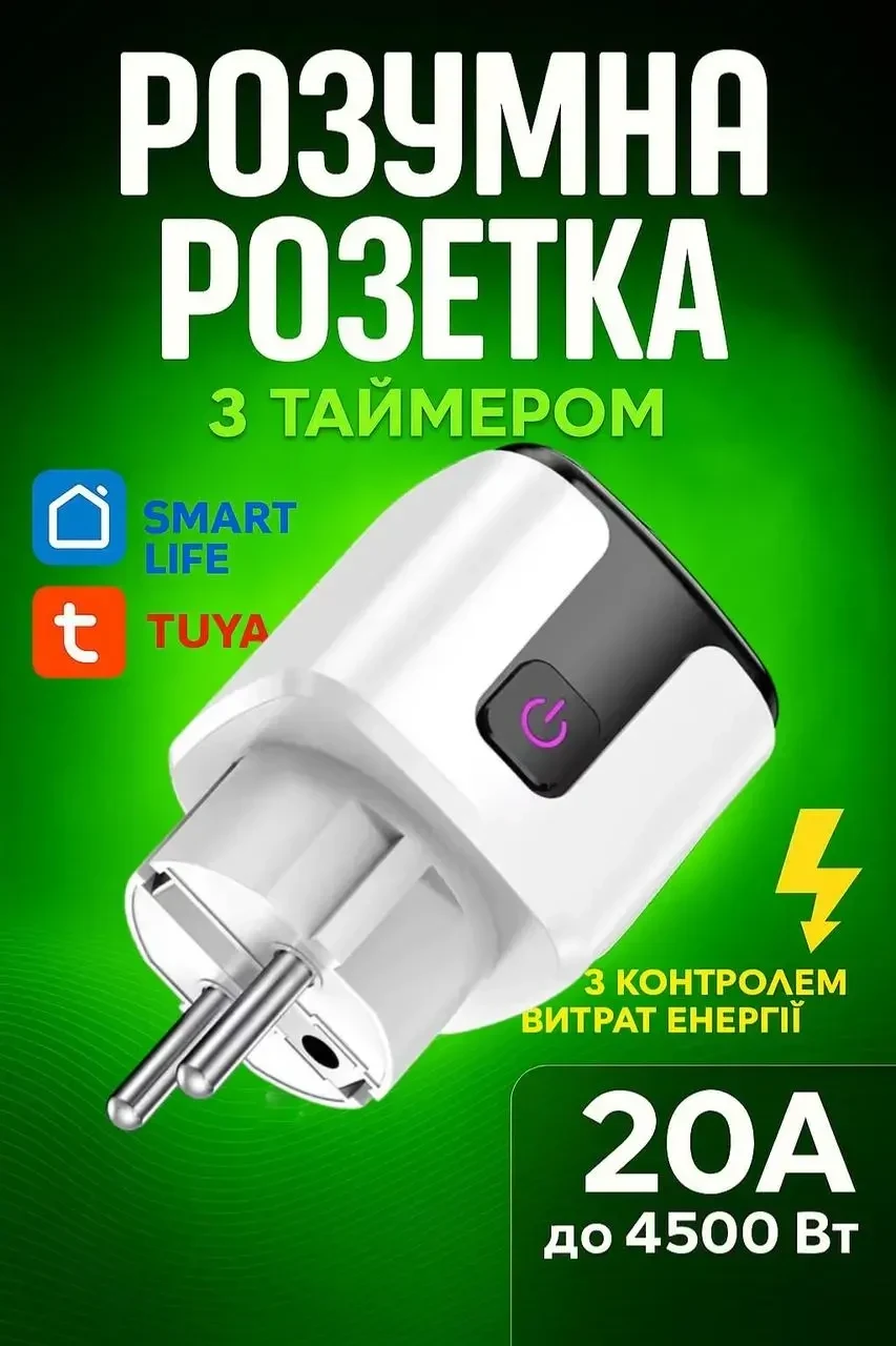Розумна Wi-Fi-розетка 20А 4500Вт Smart Tuya з таймером Біла з чорною вставкою