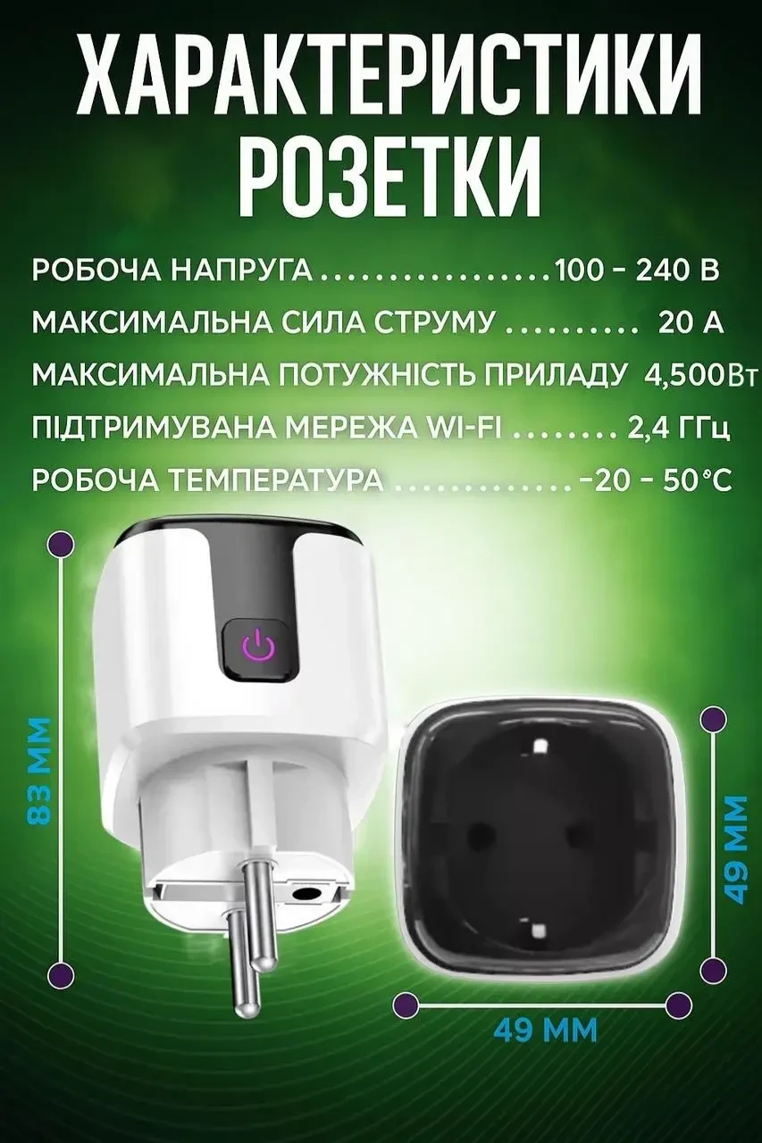 Розумна Wi-Fi-розетка 20А 4500Вт Smart Tuya з таймером Біла з чорною вставкою