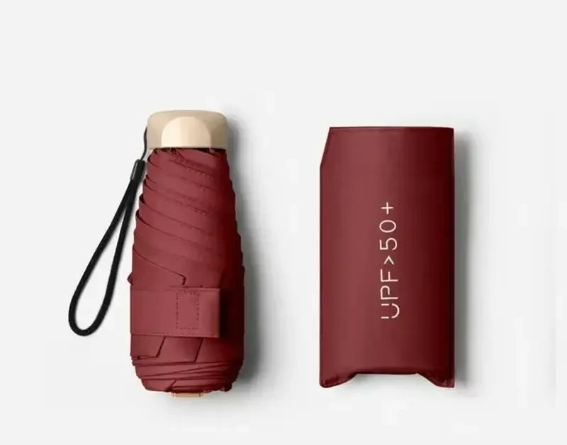 Міні-парасоля Pocket Rain Umbrella у чохлі, складана, з УФ-захистом, для сонця та дощу, легка, водонепроникна, Темно-червона