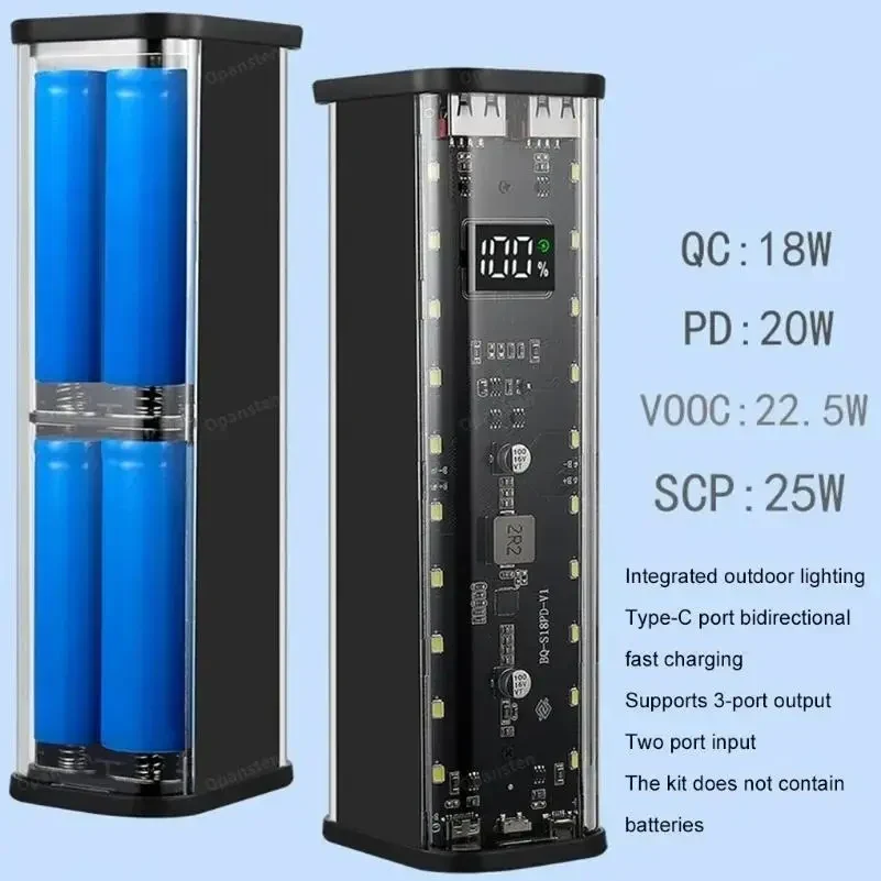 Корпус для павербанку 8×18650 — 22.5W швидка зарядка, LED, порти USB-C та Micro USB, бокс для акумуляторів, для самостійної