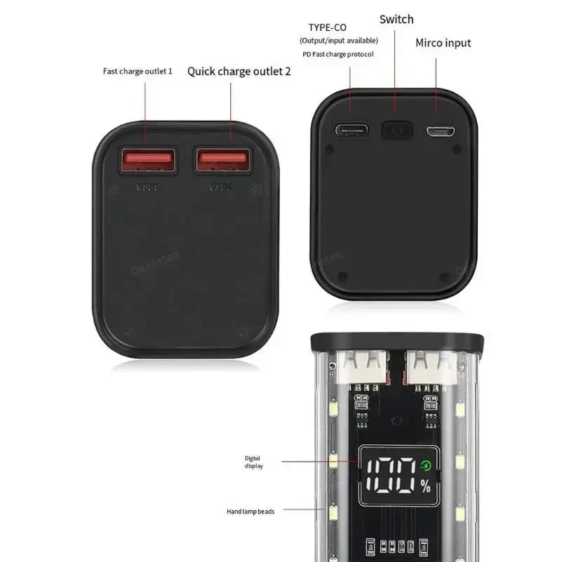 Корпус для павербанку 8×18650 — 22.5W швидка зарядка, LED, порти USB-C та Micro USB, бокс для акумуляторів, для самостійної