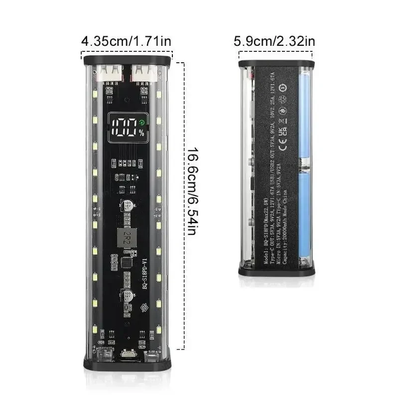 Корпус для павербанку 8×18650 — 22.5W швидка зарядка, LED, порти USB-C та Micro USB, бокс для акумуляторів, для самостійної