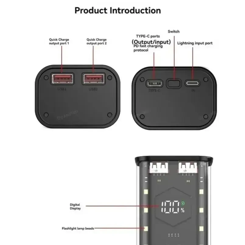 Корпус для павербанку 4×21700 — 22.5W швидка зарядка, LED світильник, порти USB-C, Lightning бокс | УЦІНКА