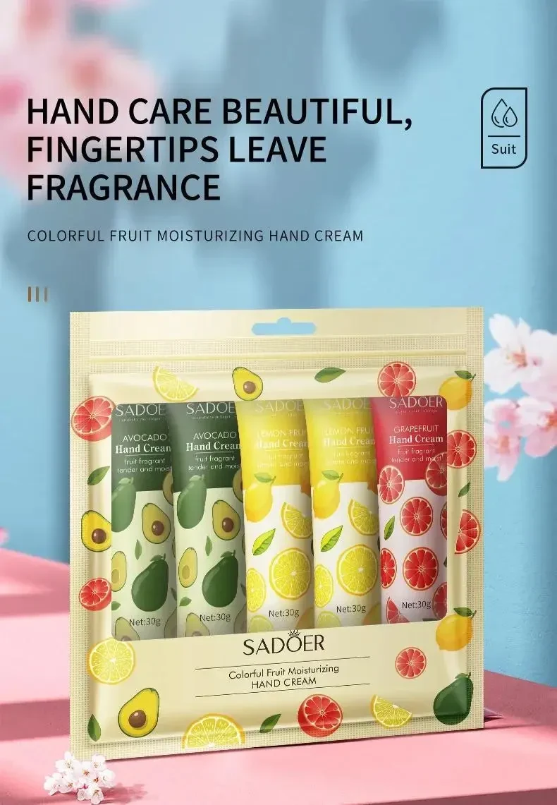 Набір зволожуючих кремів для рук SADOER Fruit Plant Fragrance (Авокадо, Лимон, Грейпфрут) — 5 шт в наборі