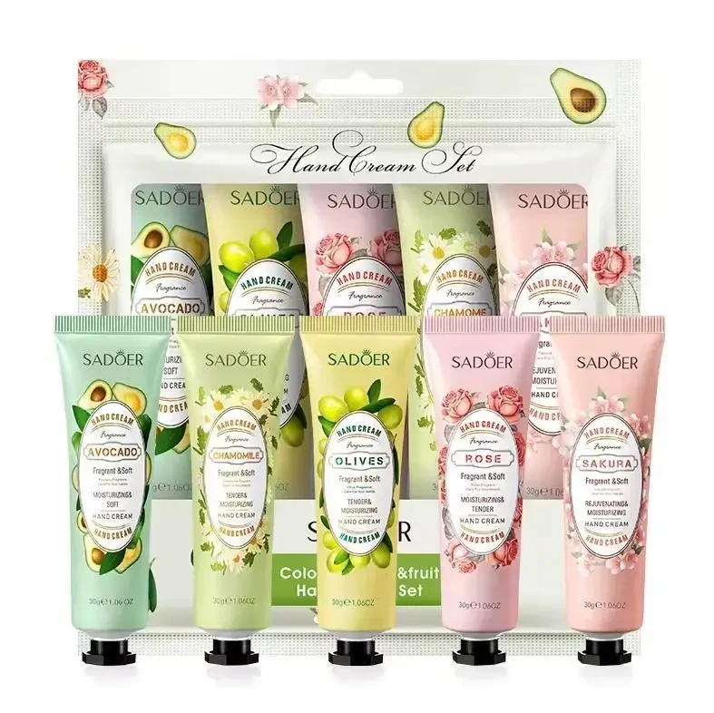 Набір зволожуючих кремів для рук SADOER Fruit Plant Fragrance (Сакура, Ромашка, Троянда, Оливка, Авокадо) — 5 шт в наборі