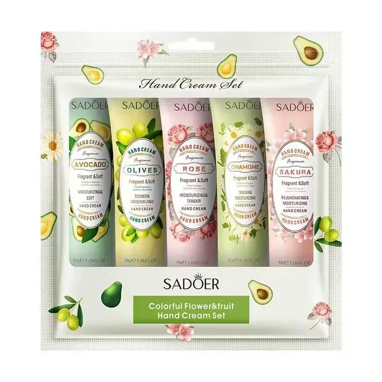 Набір зволожуючих кремів для рук SADOER Fruit Plant Fragrance (Сакура, Ромашка, Троянда, Оливка, Авокадо) — 5 шт в наборі
