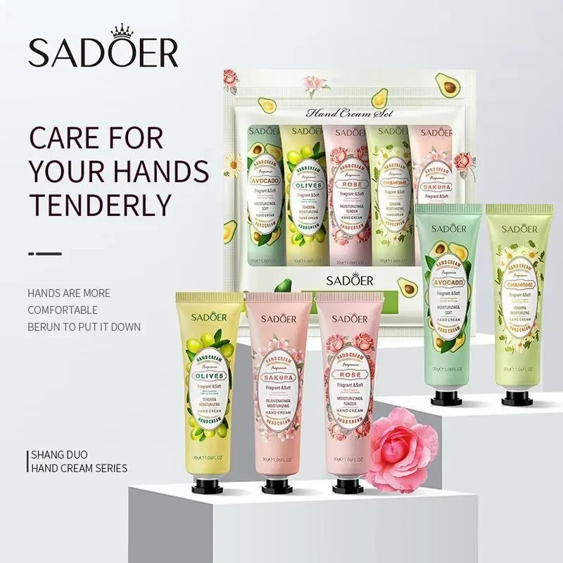 Набір зволожуючих кремів для рук SADOER Fruit Plant Fragrance (Сакура, Ромашка, Троянда, Оливка, Авокадо) — 5 шт в наборі