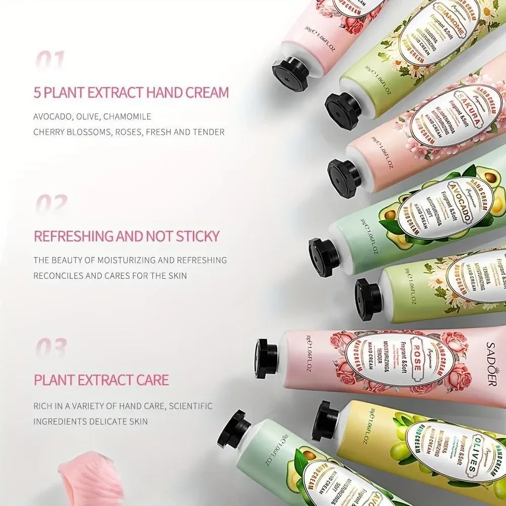 Набір зволожуючих кремів для рук SADOER Fruit Plant Fragrance (Сакура, Ромашка, Троянда, Оливка, Авокадо) — 5 шт в наборі