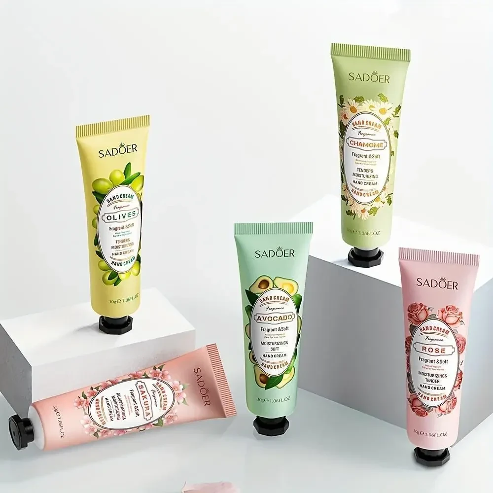 Набір зволожуючих кремів для рук SADOER Fruit Plant Fragrance (Сакура, Ромашка, Троянда, Оливка, Авокадо) — 5 шт в наборі