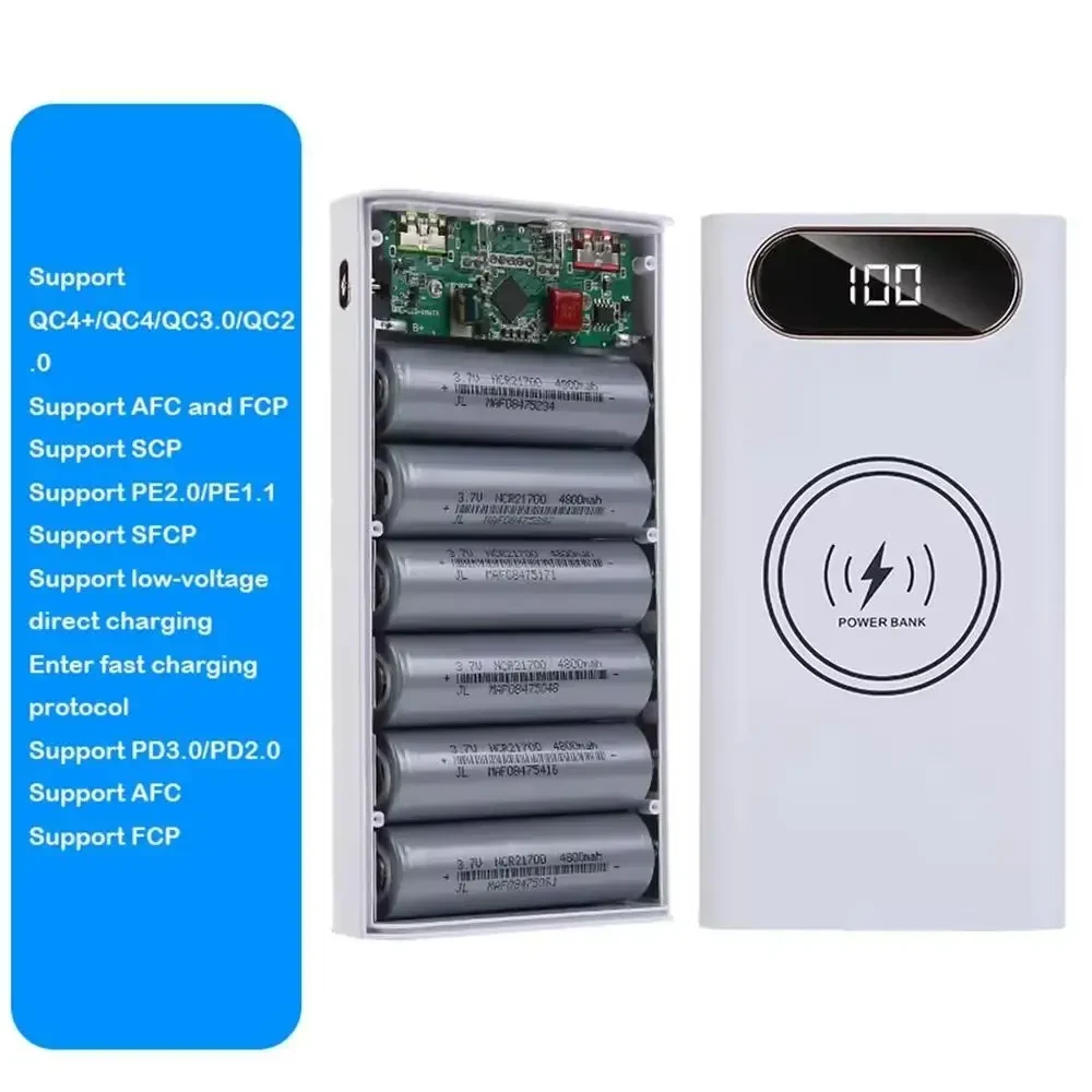 Корпус Power Bank на 6×21700 з QC3.0 та 22.5W Fast Charge. LCD дисплей, LED ліхтарик, портативний DIY зарядний бокс
