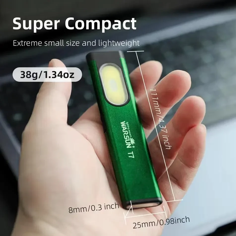 Акумуляторний Міні Ліхтарик Warsun T7 PRO LED в ультратонкому металевому корпусі з USB-C, Магнітом і Потужністю 600Lm, Зелений