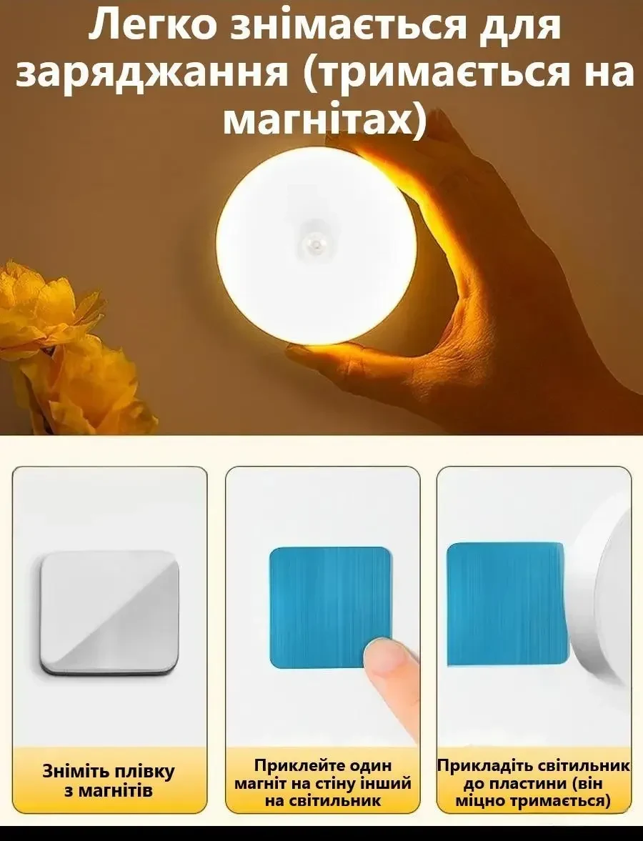 LED Нічник світильник 3 штуки в наборі з датчиком руху (Холодне біле світло) — USB заряджається, для кухні, шафи, сходів,