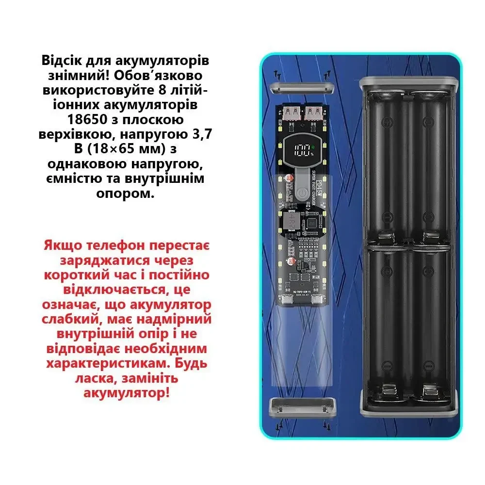 Прозорий корпус для збірки павербанк на 8×18650 з підтримкою PD 45W (65W на заряджання) / QC / VOOC | Швидке заряджання | Ліхтар