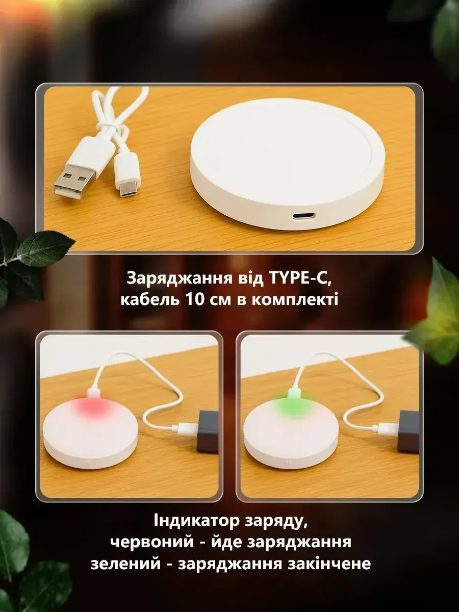 LED Нічник світильник з датчиком руху з кнопкою (Холодне біле світло) — вбудований акумулятор, TYPE-C