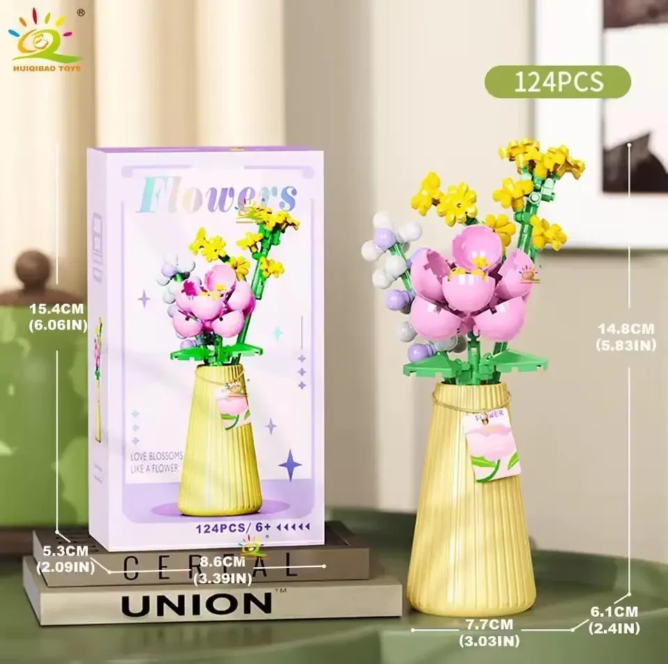 Конструктор мікроблоків HUIQIBAO Eternal Flower Bouquet з вазою, 124 деталі, декоративний квітковий букет з блоків