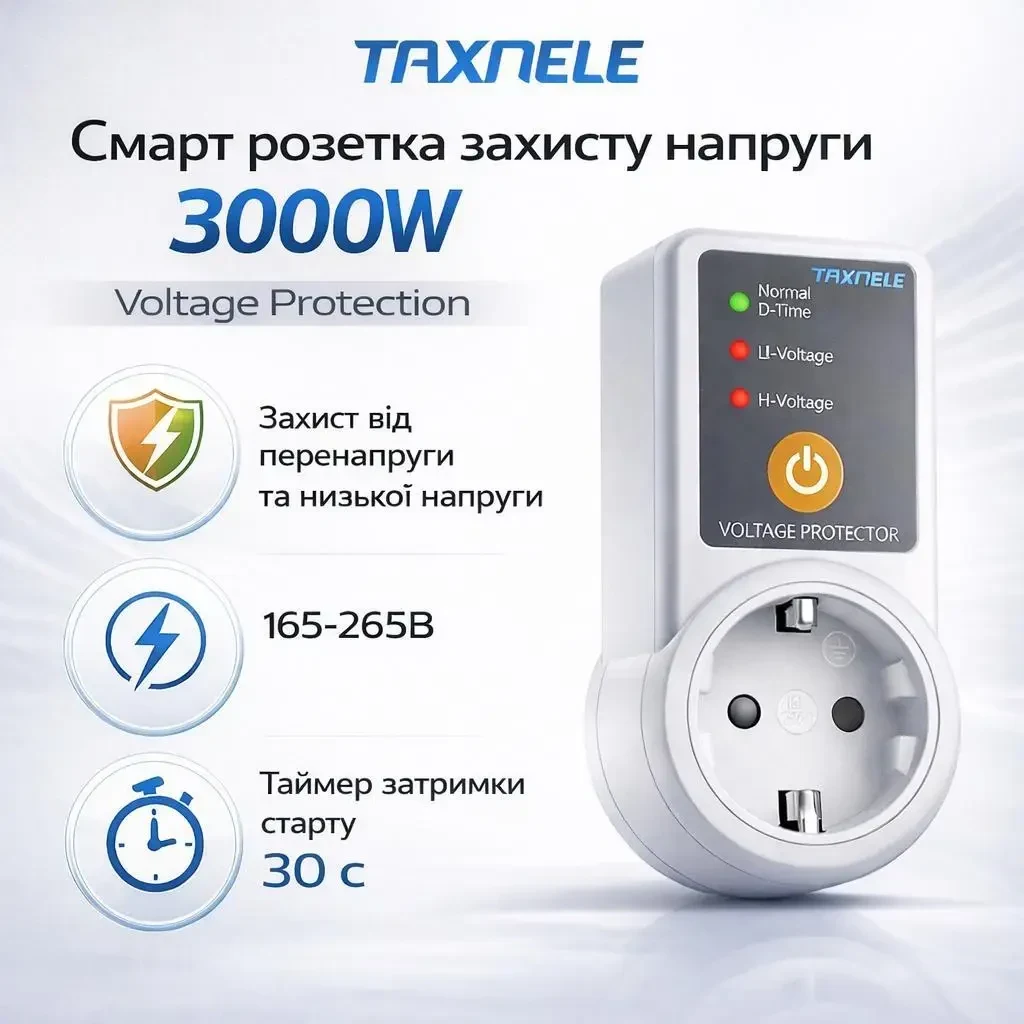 Регульована Розетка Taxnele - Захист від Перенапруги 230В 16А Без екрану – Автоматичний Захист від Підвищеної та Зниженої Напруги,