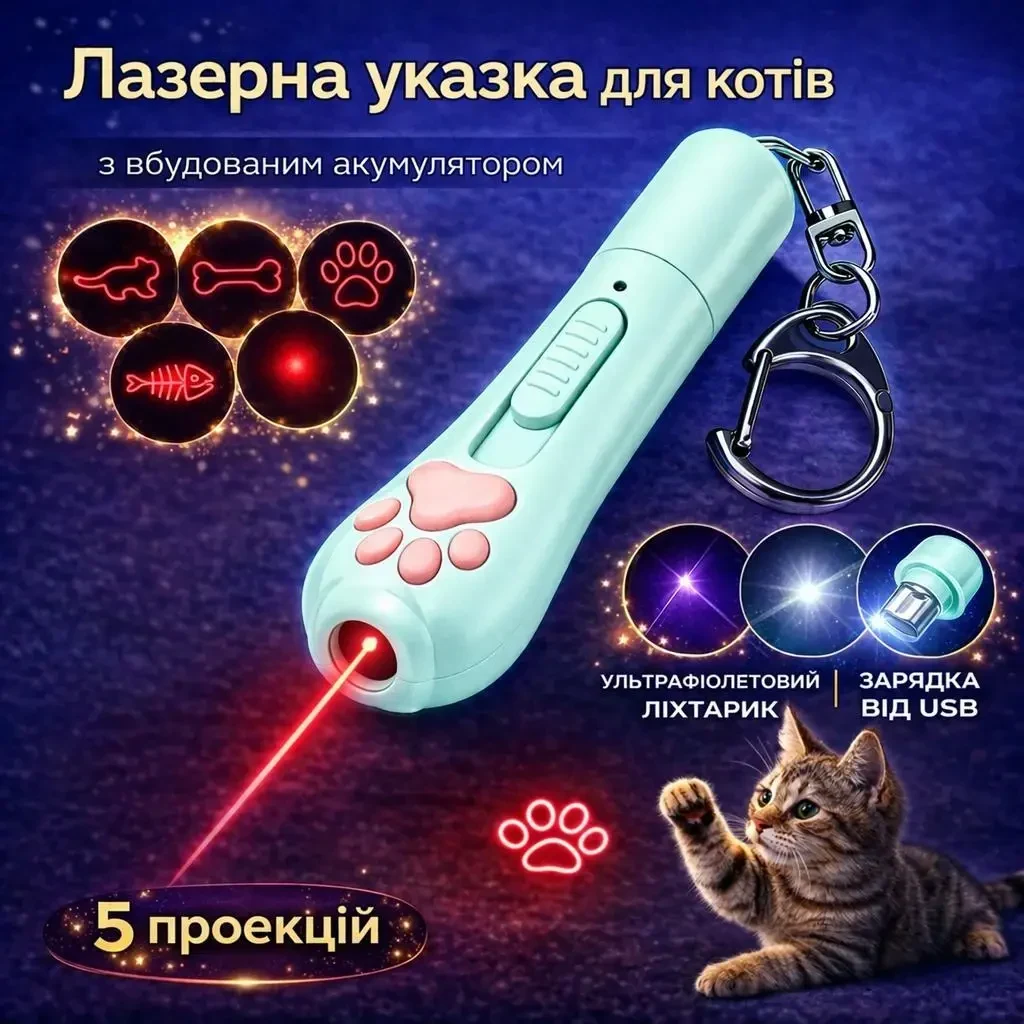 Лазерна указка для котів USB з акумулятором, 5 проекцій, ультрафіолетовий та білий ліхтарик, брелок «Котяча лапка», Бірюзовий