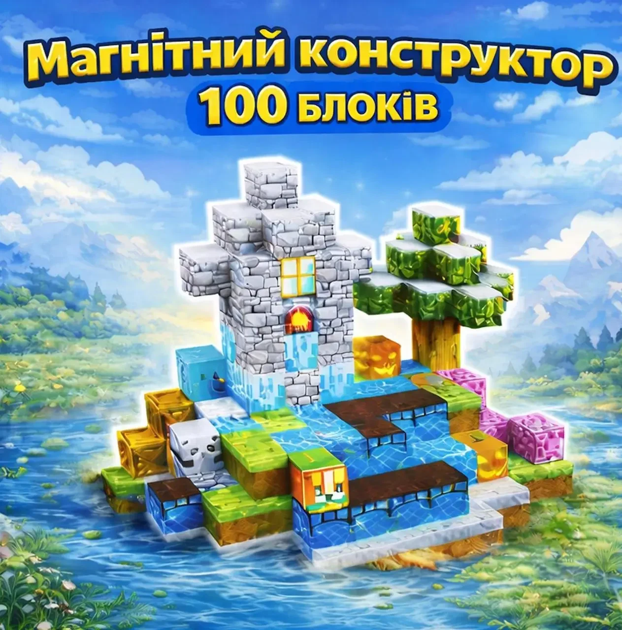 Магнітний конструктор Замок біля водоспаду 100 блоків – навчальна розвиваюча іграшка, набір для творчого будівництва