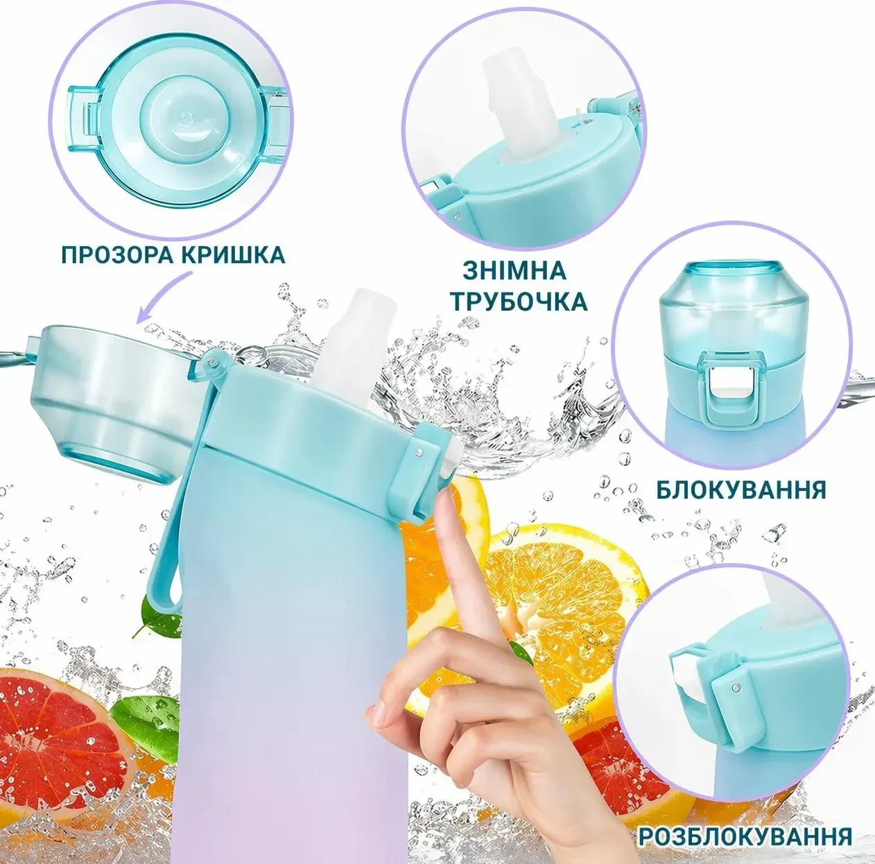 Спортивна пляшка 650 мл, яка змінює смак води, 7 капсул-смаків в комплекті, Блакитно-рожева
