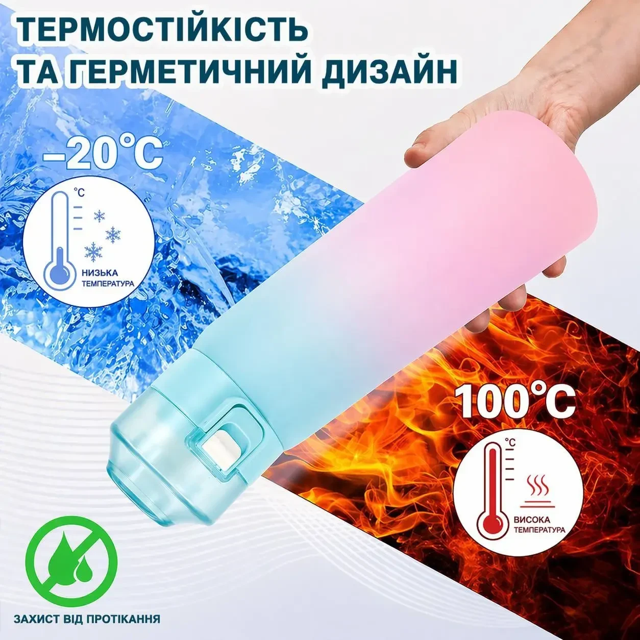 Спортивна пляшка 650 мл, яка змінює смак води, 9 капсул-смаків в комплекті, Блакитно-Рожева