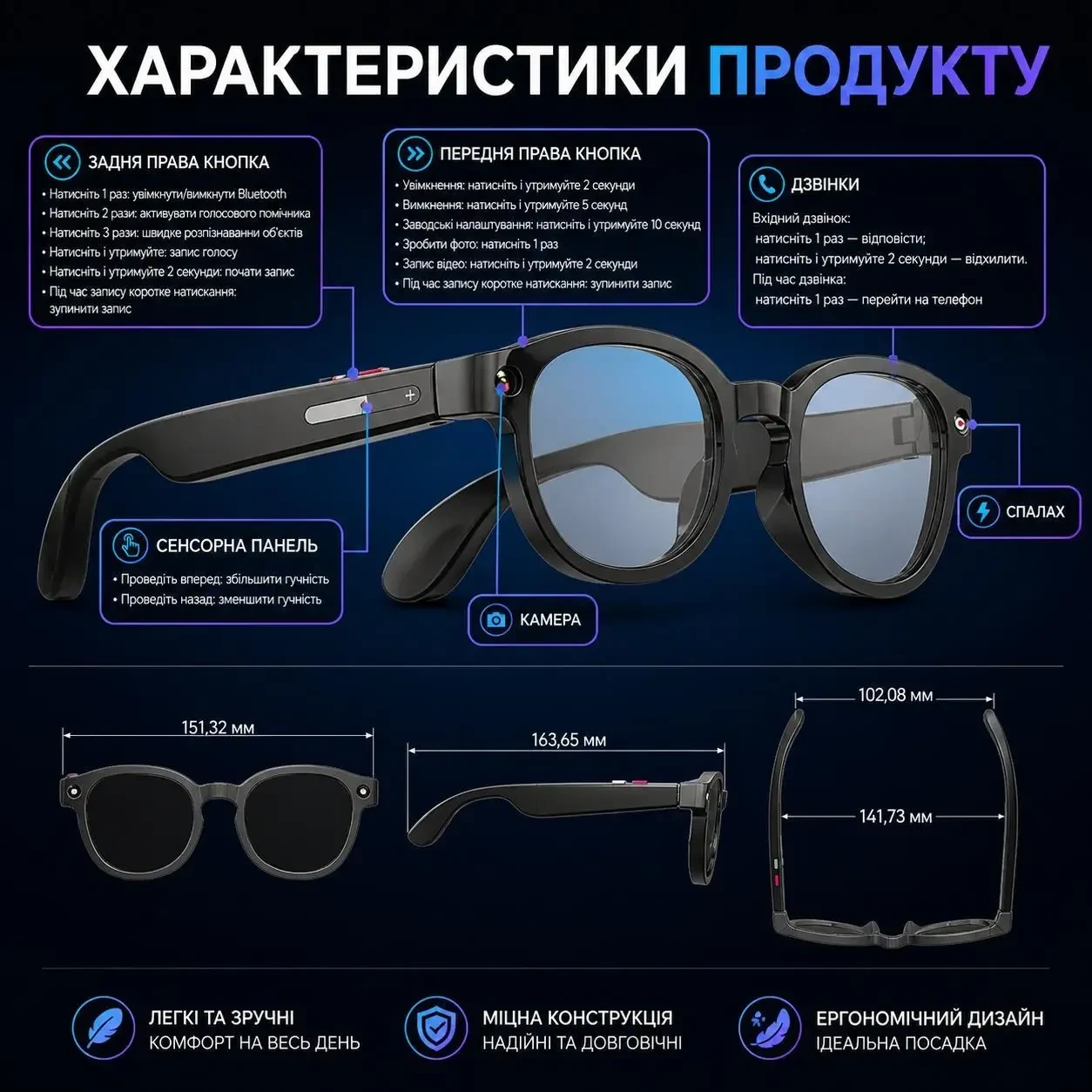 Розумні AI окуляри AiMB 800W камера, 720P відео, Bluetooth, WiFi, 3 комплекти лінз, дзвінки та музика, фотохромні лінзи, Чорні