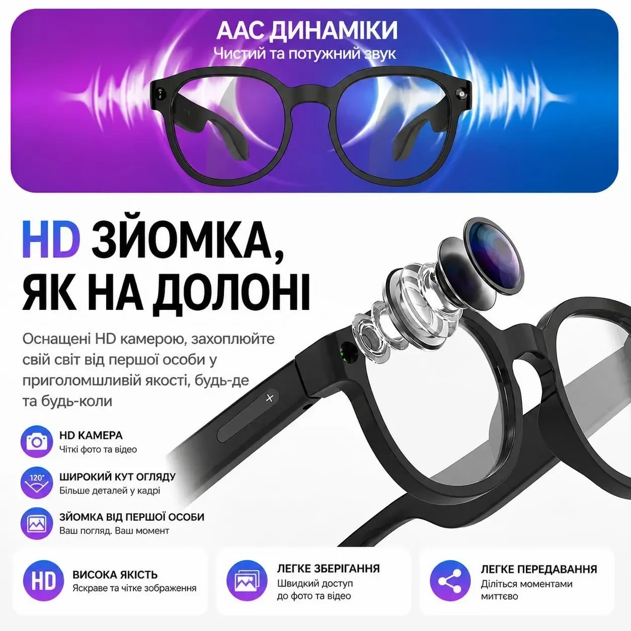 Розумні AI окуляри AiMB 800W камера, 720P відео, Bluetooth, WiFi, 3 комплекти лінз, дзвінки та музика, фотохромні лінзи, Чорні
