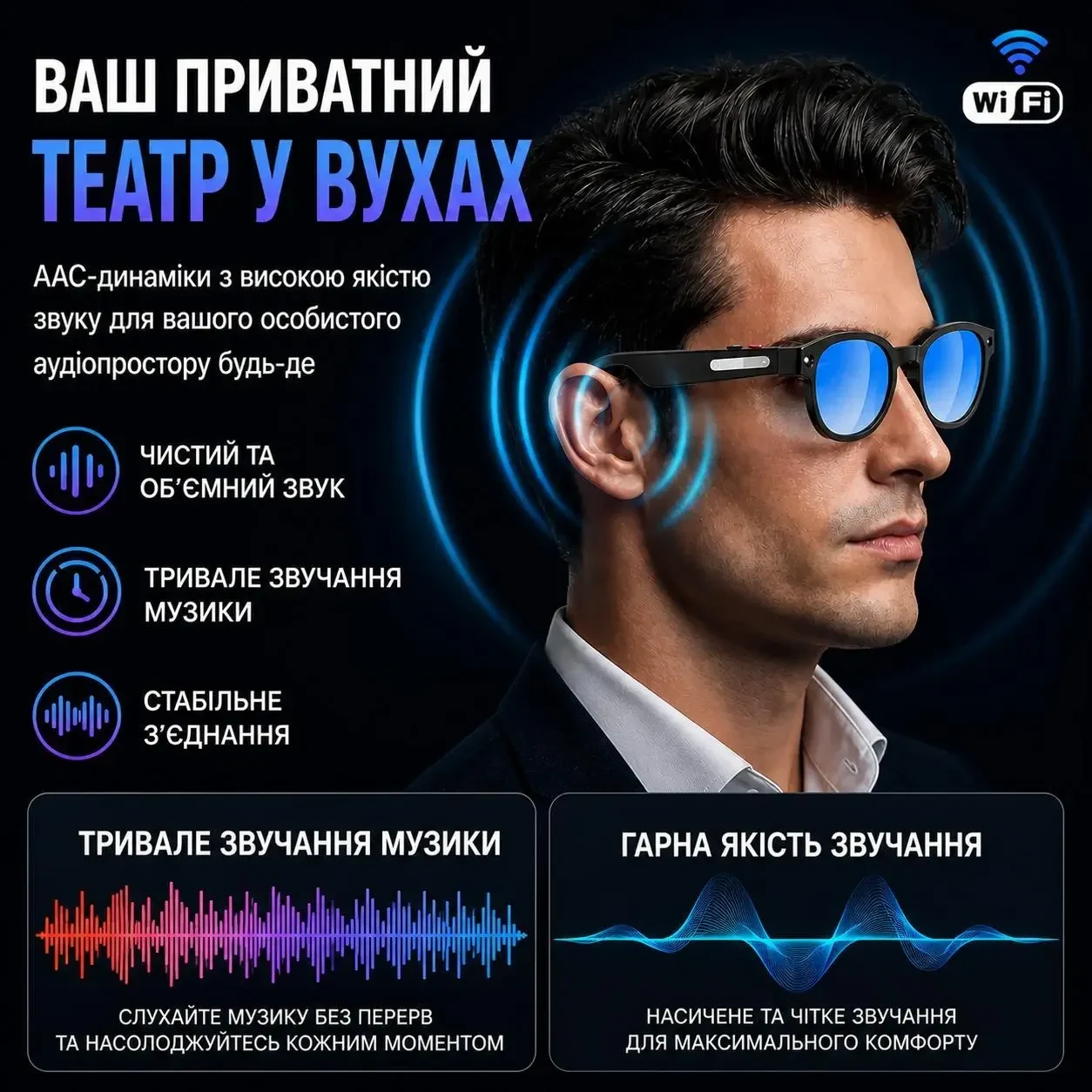Розумні AI окуляри AiMB 800W камера, 720P відео, Bluetooth, WiFi, 3 комплекти лінз, дзвінки та музика, фотохромні лінзи, Чорні