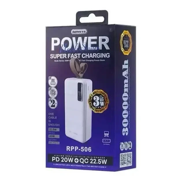 Зовнішній акумулятор Remax Noah Series 30000mAh (USB+Type-C) із швидкою зарядкою QC 22,5W + PD 20W, синій (RPP-506)