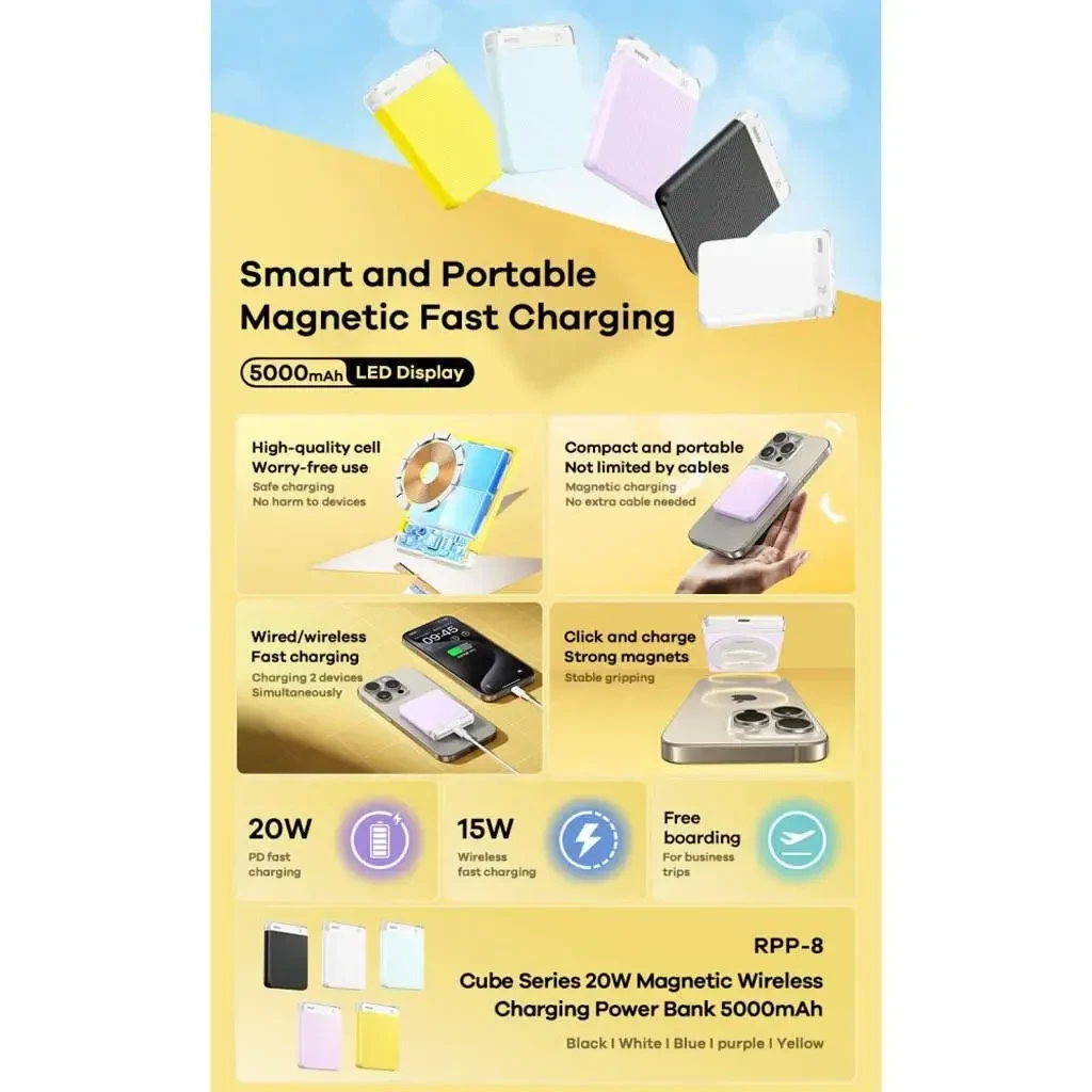 УМБ Power Bank Remax RPP-8 Cube Series Magnetic 5000mAh PD20W з швидкою бездротовою зарядкою MagSafe Чорний