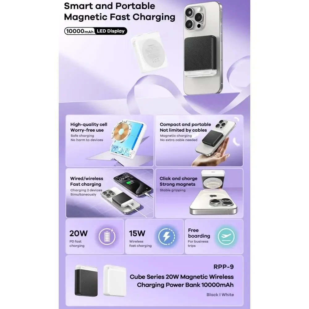 УМБ Power Bank Remax RPP-9 Cube Series Magnetic 10000mAh PD20W з швидкою бездротовою зарядкою MagSafe Чорний