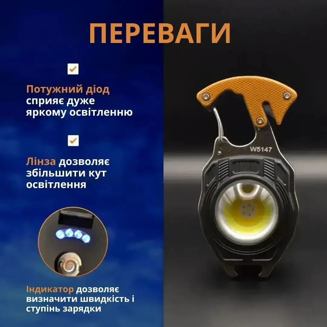 Акумуляторний LED ліхтарик W5147 з Type-C (7 режимів, прикурювач, карабін, ніж, магніт, мультитул)