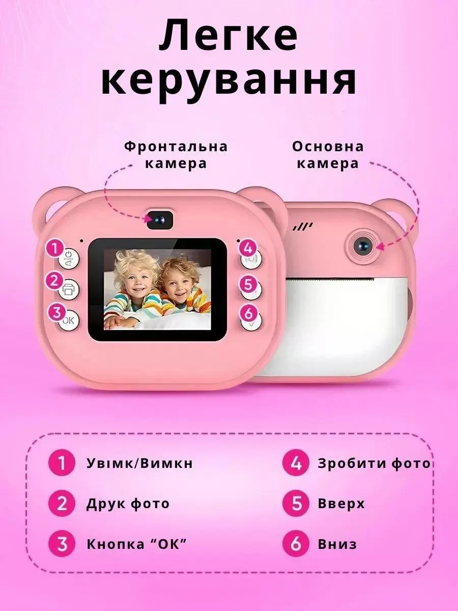 Фотоапарат для дітей з миттєвим друком знімків та фото + в комплекті карта паʼяті на 8 гБ Рожевий