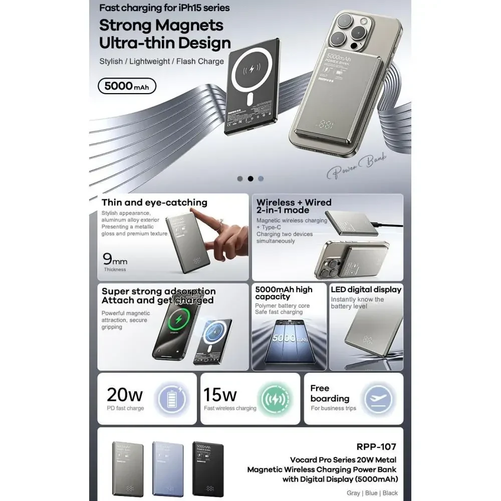 УМБ Power Bank Remax RPP-107 Vocard Pro Series Magnetic 5000mAh PD20W з бездротовою зарядкою Сірий