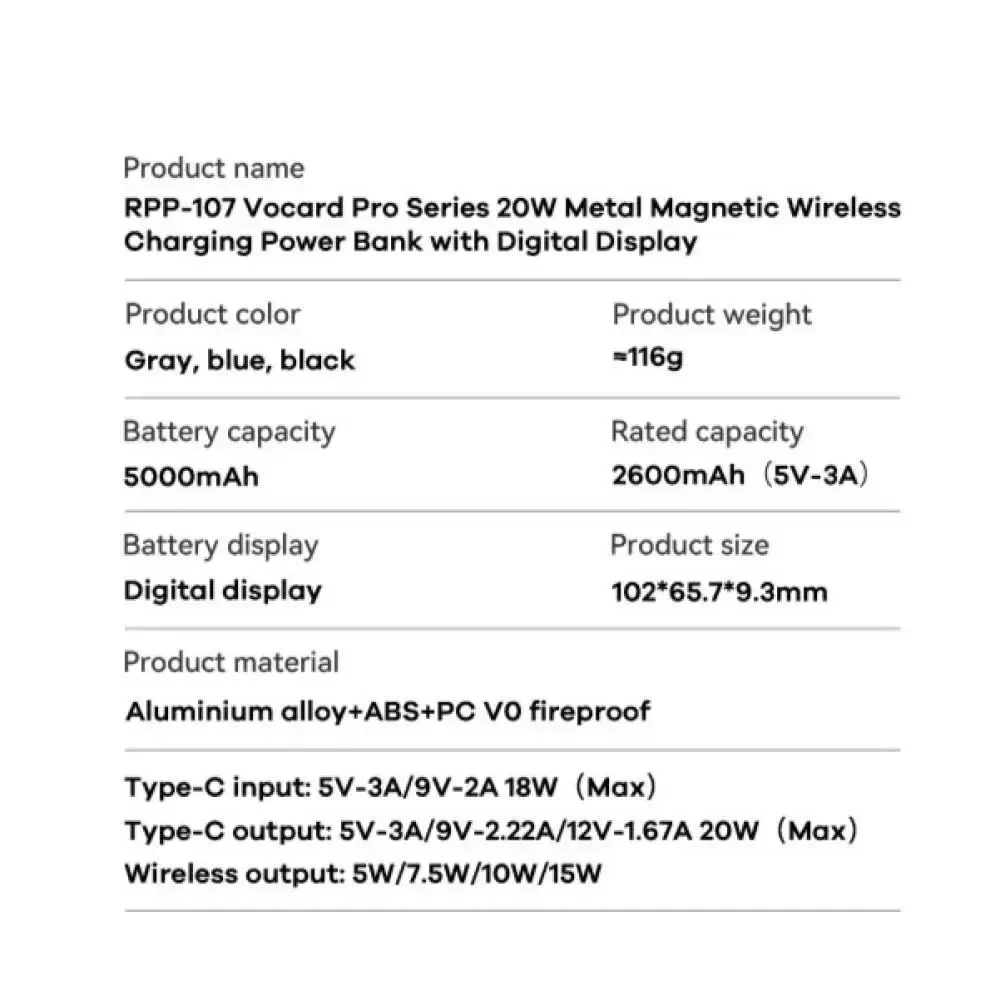 УМБ Power Bank Remax RPP-107 Vocard Pro Series Magnetic 5000mAh PD20W з бездротовою зарядкою Сірий