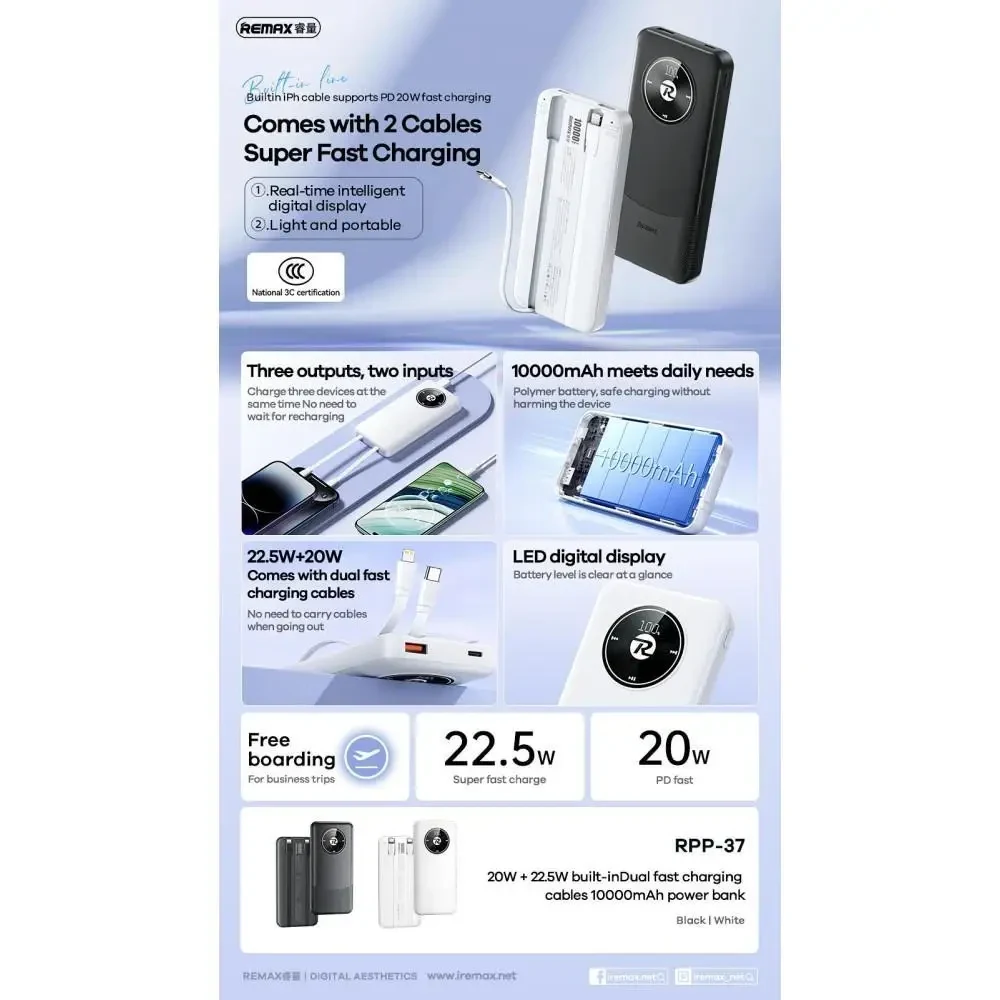 УМБ Power Bank Remax RPP-37 10000mAh 20W+22.5W (with cable Type-C+Lightning) Чорний