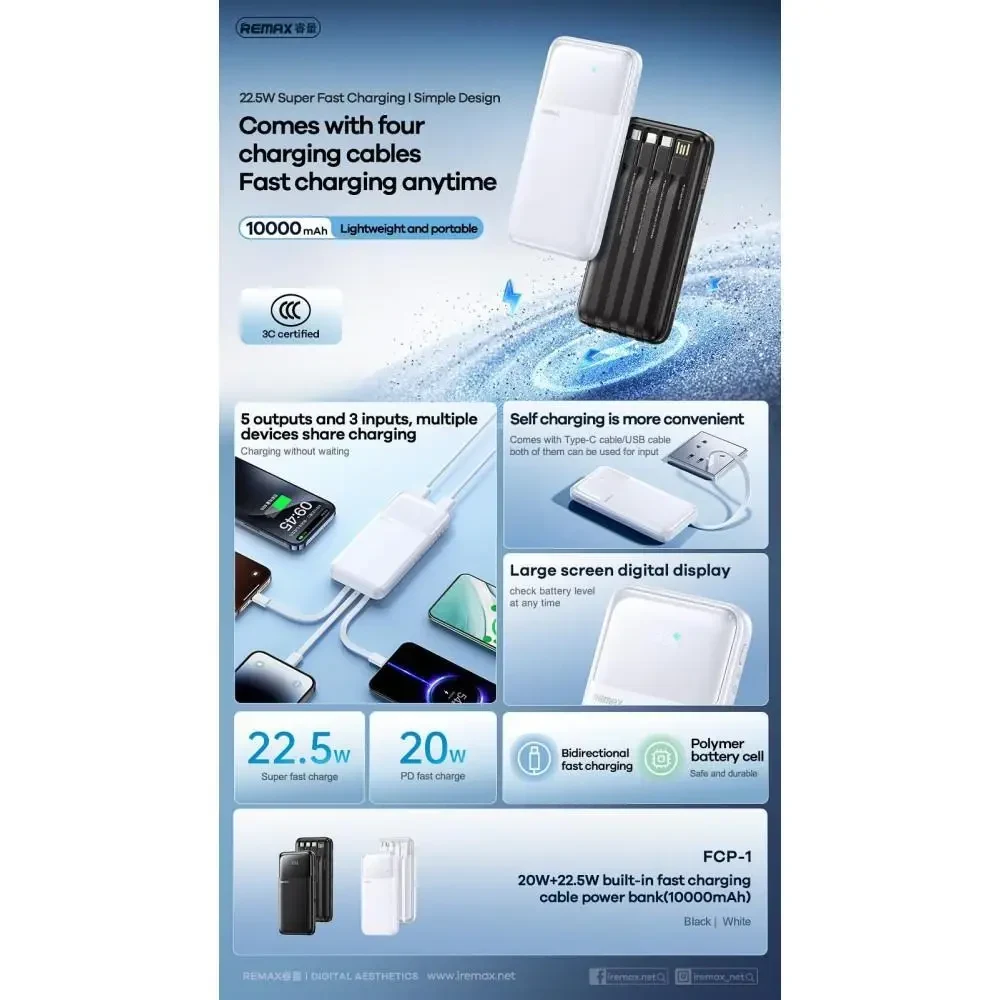 УМБ Power Bank Remax FCP-1 10000mAh PD20W+Q.C3.0 (with cable Type-C+Lightning+Micro+USB) Чорний
