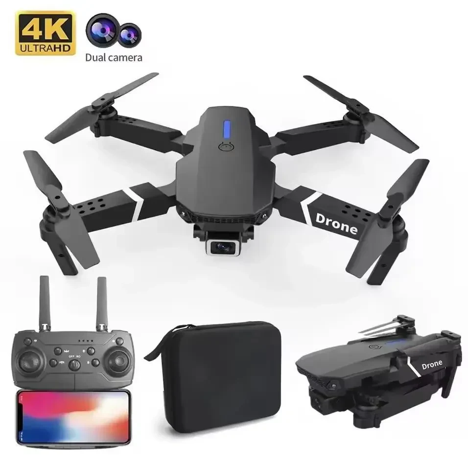 Професійний Дрон E88 4K Wide Angle З HD Камерою Для Дітей — WiFi FPV, Утримання Висоти, Складаний RC Квадрокоптер + Чумка-чохол в