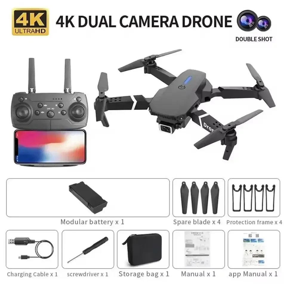 Професійний Дрон E88 4K Wide Angle З HD Камерою Для Дітей — WiFi FPV, Утримання Висоти, Складаний RC Квадрокоптер + Чумка-чохол в