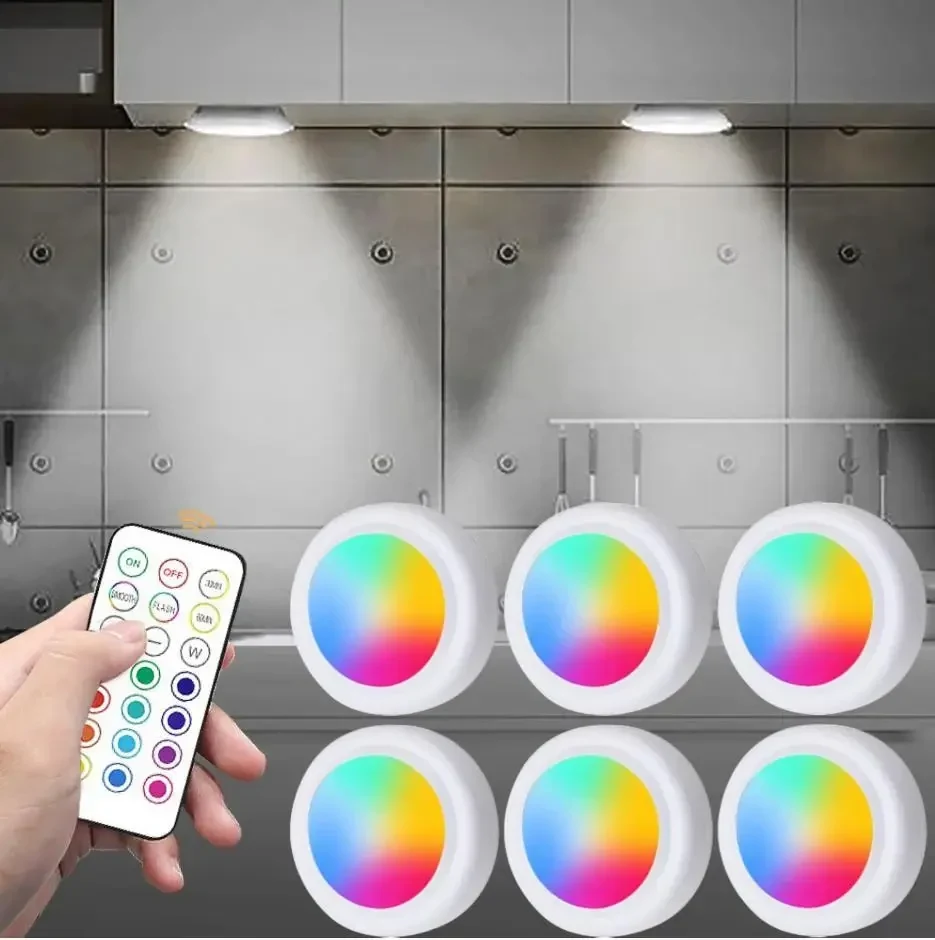 Бездротові RGB LED точкові світильники 6 штук набір + пульт, підсвічування для меблів — під шафи, гардероби, кухню, спальню, Білий
