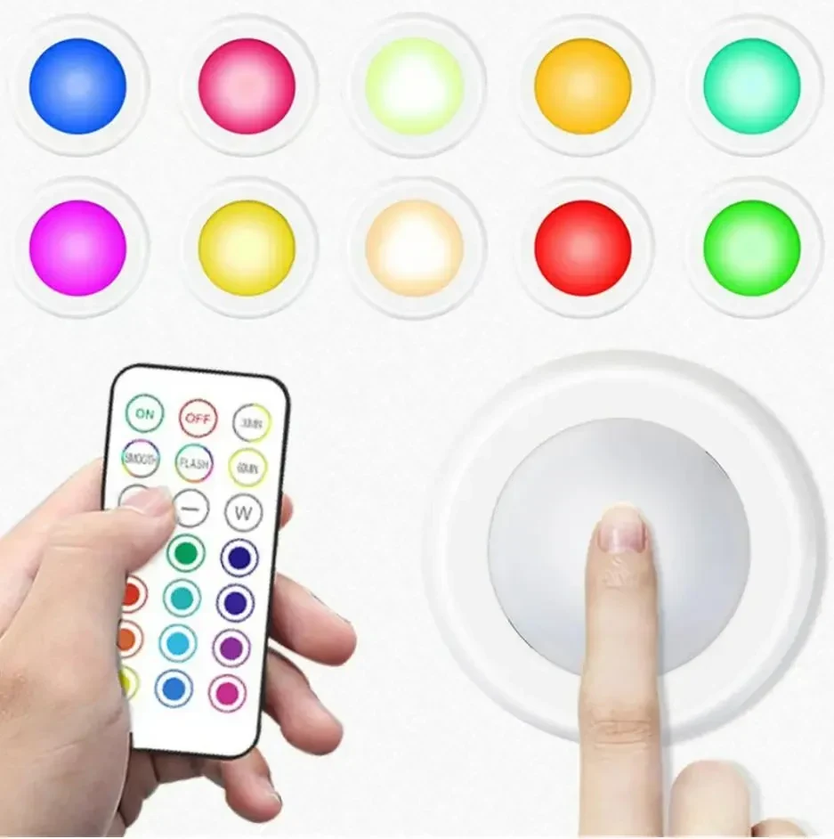 Бездротові RGB LED точкові світильники 3 штуки набір + пульт, підсвічування для меблів — під шафи, гардероби, кухню, спальню,
