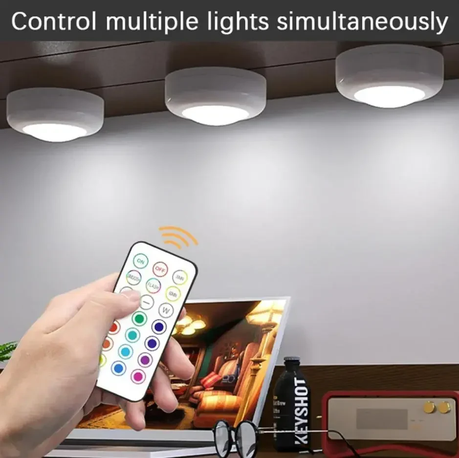 Бездротові RGB LED точкові світильники 3 штуки набір + пульт, підсвічування для меблів — під шафи, гардероби, кухню, спальню,