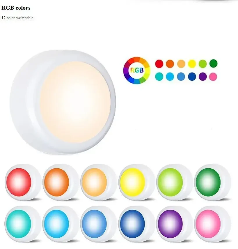 Бездротові RGB LED точкові світильники 3 штуки набір + пульт, підсвічування для меблів — під шафи, гардероби, кухню, спальню,
