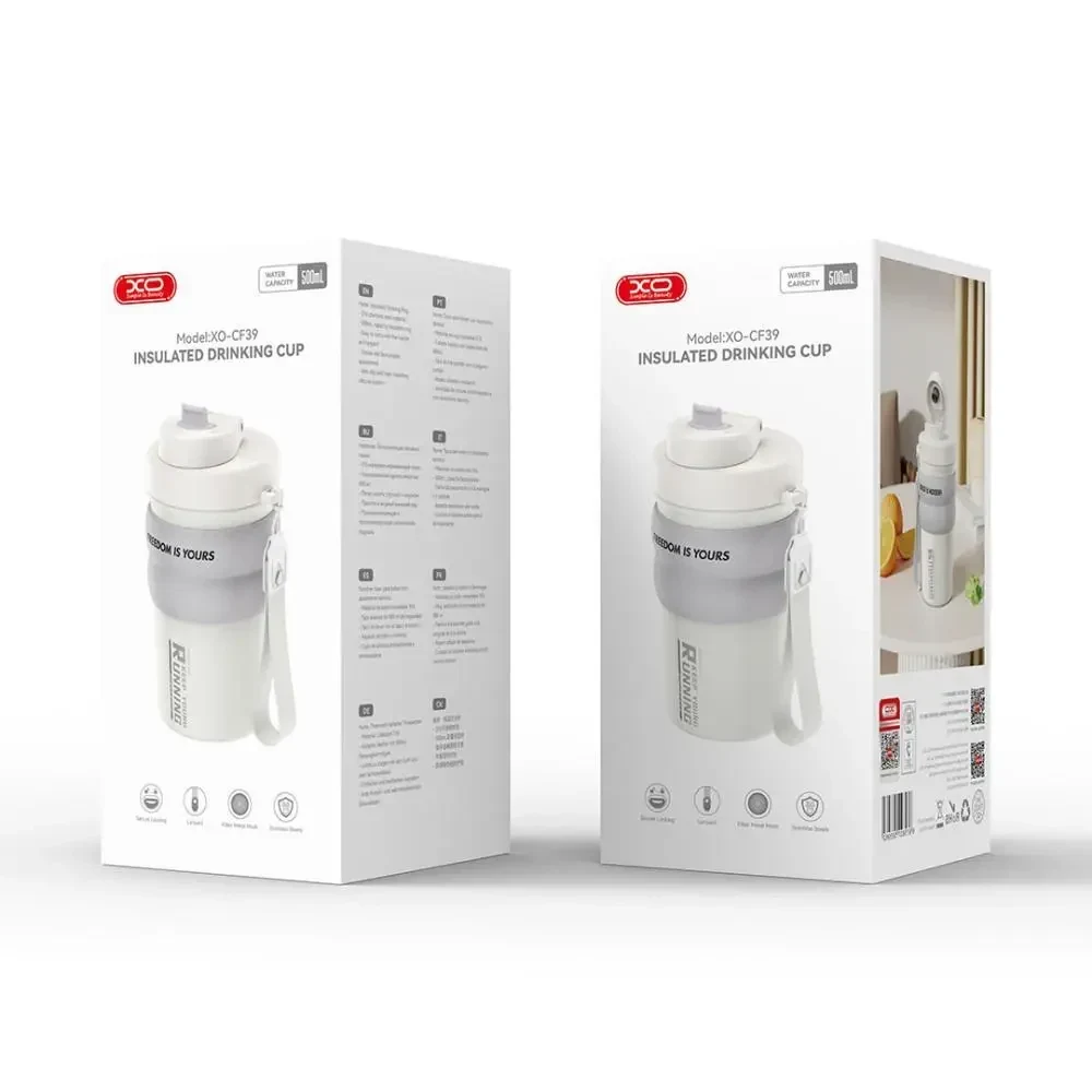 Термокружка (термос) XO CF39 500ml з ремінцем і кришкою для пиття, Білий