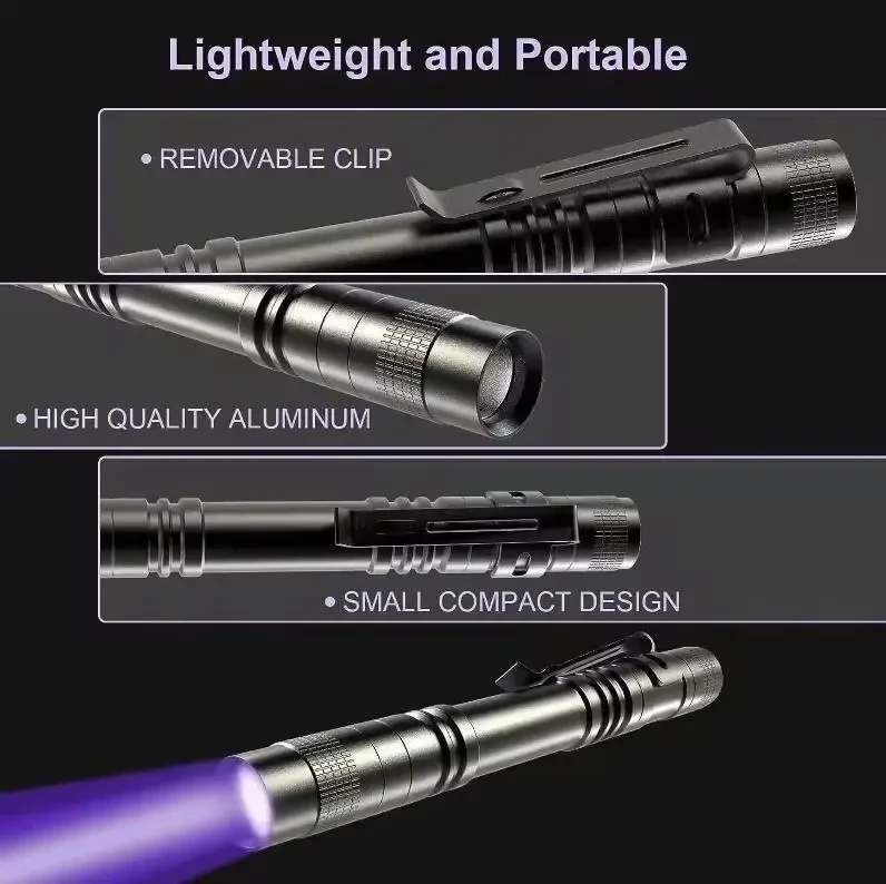 UV Металевий фонарик ліхтар 395nm Ультрафіолетовий з кліпсою для ручки — Портативний, на батарейках AAA