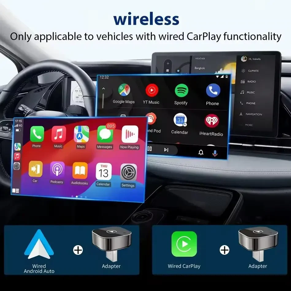 2-в-1 Безпровідний CarPlay, Android Auto адаптер Pionray – перетворює дротовий CarPlay, Android Auto у безпровідний, Plug & Play